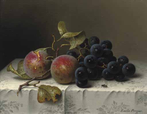 Johann Wilhelm Preyer Prunes and grapes on a damast tablecloth